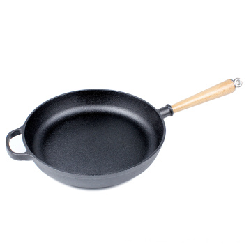 non-stick cast iron metal fry pan skillet with wooden handle